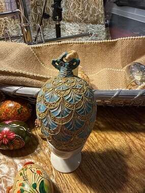 Alsan Victorian Aqua Blue Enamel Gold Gilt Pine Cone Egg Ornament with Stand